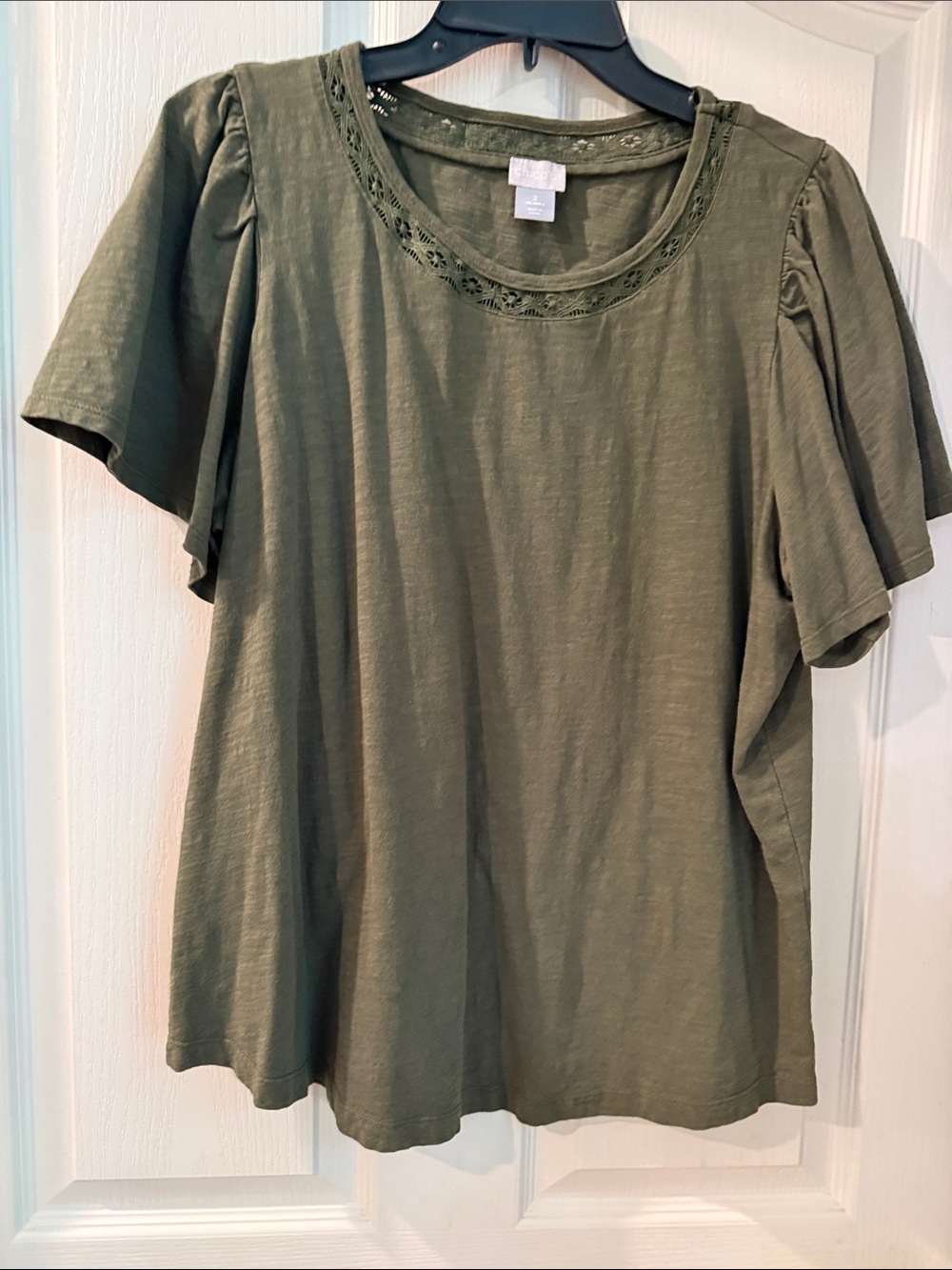 Chico's Olive Green Short Sleeve Crewneck Shirt with Lace Trim